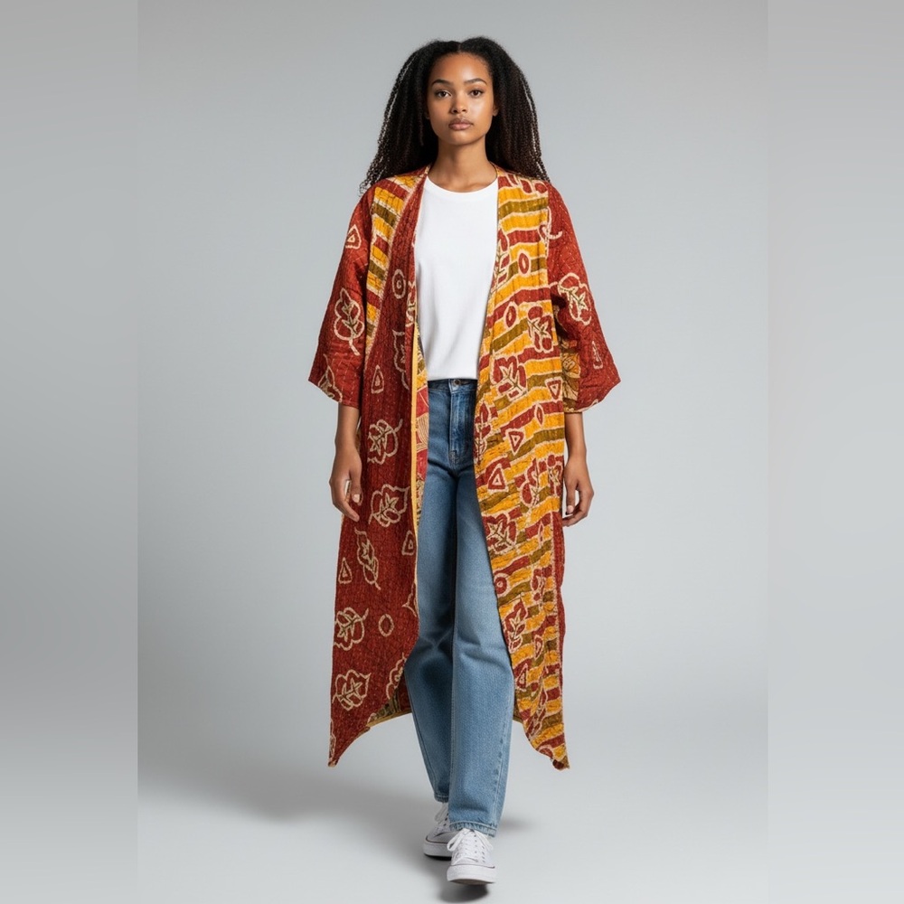 KANTHA Fitted Long 3/4 Sleeve Cardigan ITEM 137 Reversible Handmade OOAK